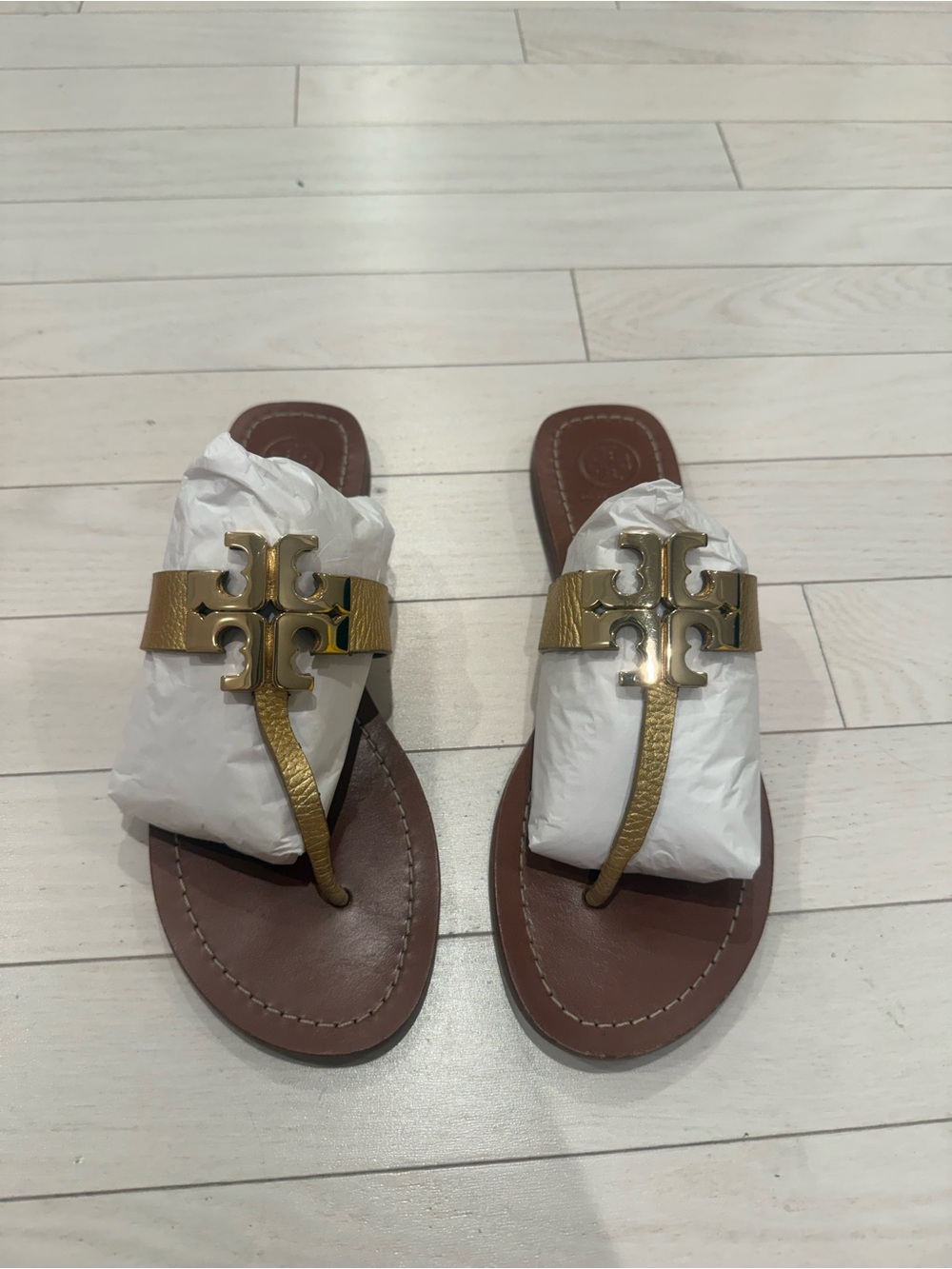 Tory Burch Gold Logo Thong Sandals with Brown Footbed
